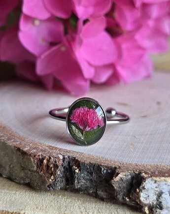 Wieczny kwiat pierścionek srebrny gipsówka prawdziwy żywica różowy, zkwiatem