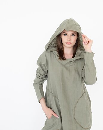 Sukienka lniana z wielkim kapturem , długi rękaw, NavahoClothing