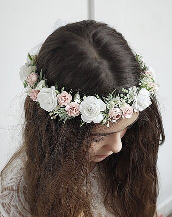 Wianek komunijny jak żywy pudrowa zieleń, róż , biel, Petite Dame