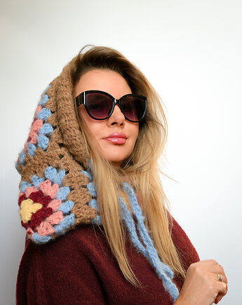 Balaclava alpaka  i jedwab handmade, ręcznie szydełkowana zimowa kominiarka, kwiaty biżuteria