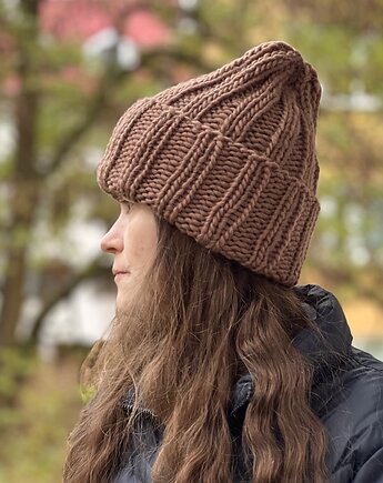 Buran - zimowa czapka z wełny peruwiańskiej karmelowy brąz, Made by Jaga