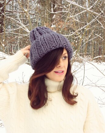Szara czapka handmade beanie  z wełną, Mademoiselle Patrini