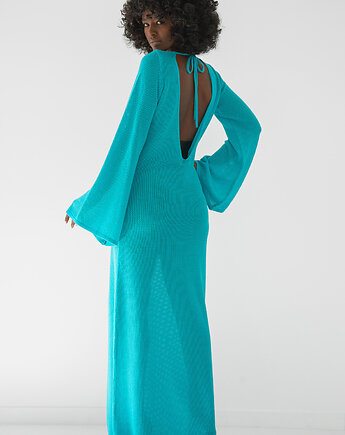 Długa sukienka ażurowa z dekoltem na plecach F1865 Niebieski DWIE DŁUGOŚCI, FOBYA
