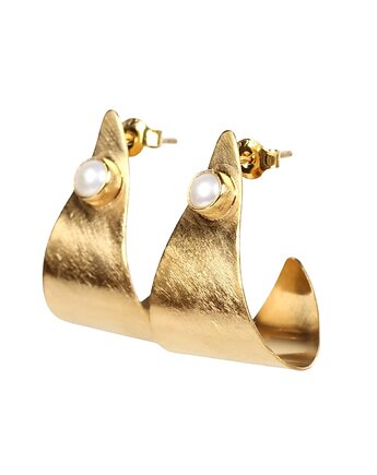 Złote kolczyki koła fakturowane z perłą, Blooming Stones