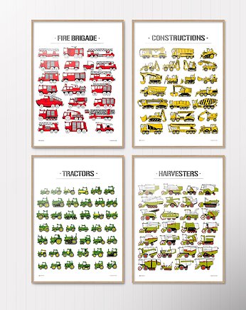 Traktory, Koparki, Straż Pożarna 4 druki 50x70cm, Tiny Machinery