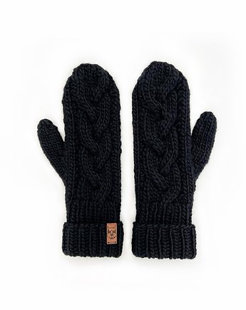 Czarne rękawiczki wełniane z jednym palcem w warkocze, Holy Alpaca Knit
