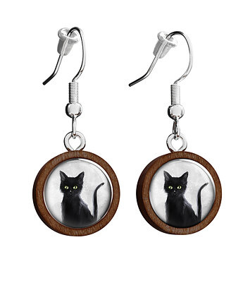 Kolczyki drewniane - Czarny kot - wiszące, yenoo