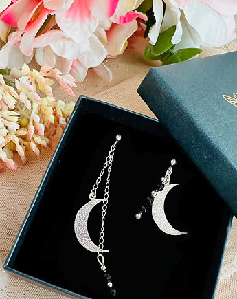 BLACK MOON - KOLCZYKI z  KSIĘŻYCEM i onyksem, srebrny księżyc, Anemon Atelier
