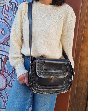 Torebka skórzana ręcznie robiona góralska Alsa Czarna duża skóra naturalna, SempreArte