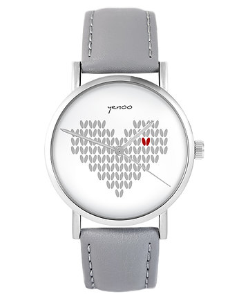 Zegarek - Serce dziergane - szary, skórzany, yenoo
