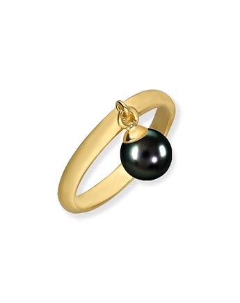 Pierścionek srebrny pozłacany z wiszącą czarną perłą, OKAZJE - Prezent na 18 urodziny