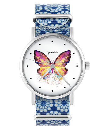 Zegarek - Motyl - niebieski, kwiaty, yenoo