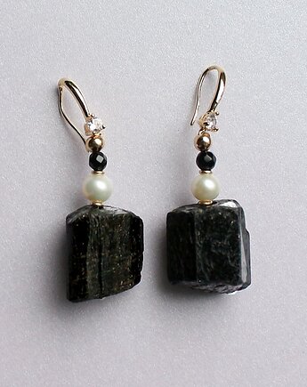Kolczyki złoto Surowy turmalin perła słodkowodna spinel, KEIT