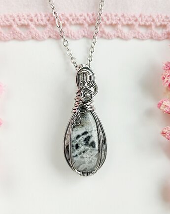 Naszyjnik Jaspis Szary stal chirurgiczna wisiorek handmade, byNostawen