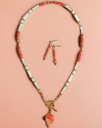 LIMITOWANY naszyjnik i kolczyki : muszla, hematyt, jaspis cesarski, kaktusia