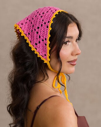 Bawełniana szydełkowa chustka bandana różowo-żółta letnia, DecMabu