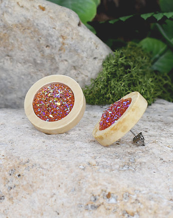 Drewniane kolczyki wkrętki z druzami boho, Spirit Of Copper