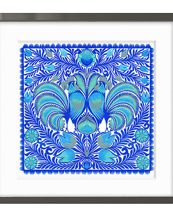 KOGUTY DWA_Scuba Blue (handmade-paper-cutout), na ludowo