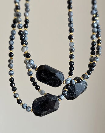 Choker czarny turmalin, czarny agat, obsydian śnieżny, larvikit, hematyt, Magneska
