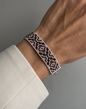 Bordowa srebrna bransoletka z koralików Miyuki - ornament, Mosuki