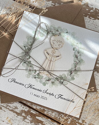 Eleganckie zaproszenia komunijne dla chłopca ręcznie robione, sorte