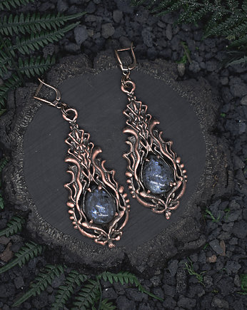 Wiktoriańskie miedziane wiszące kolczyki z kamieniem / larvikit, Metal Earth Jewelry
