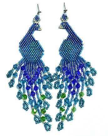 Pawie niebieskie II, kolczyki z frędzlami, beading, Sol