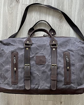 Duża szaro-brązowa torba podróżna ze skóry i bawełny  w stylu Vintage., Rkabags