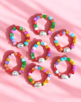 Pierścionek : summer collection : kolorowa muszla i perła, kaktusia