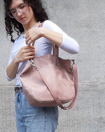 Brudny róż skórzana torba z dużymi kieszeniami, Łagoda
