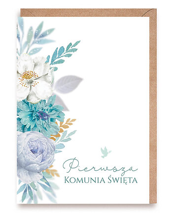 Kartka na Pierwszą Komunię Świętą niebieskie kwiaty, Cardie