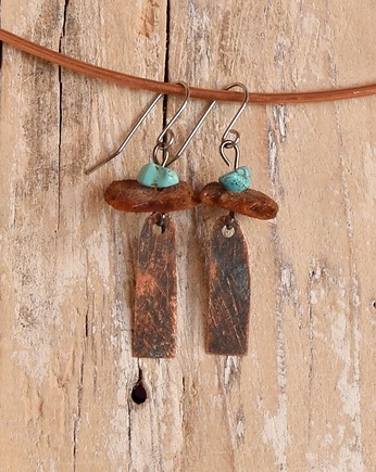Kolczyki z kutej, oksydowanej miedzi, turkusu i kamienia /51/  handmade, Galeriai