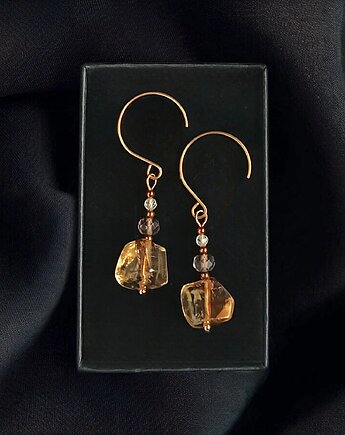 Kolczyki DOBROBYT - cytryn, kwarc dymny, kryształ górski - otwarte, kaktusia