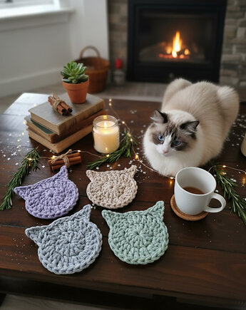 Podkładki koty na szydełku ze sznurka rękodzieło na prezent, Barwny Zakątek