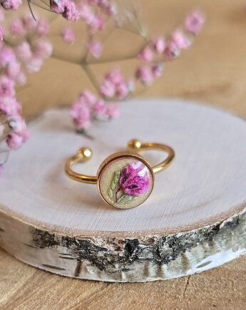 Wieczny kwiat pierścionek złoty różowy kwiat prawdziwy żywica, zkwiatem