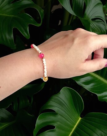 Bransoletka : muszla biała i kolorowy jadeit