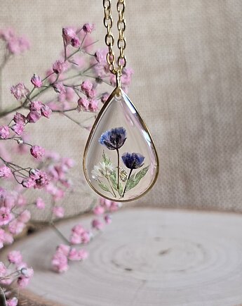 Wieczne kwiaty wisiorek łezka z niebieskim kwiatem gipsówka na szczęście, zkwiatem