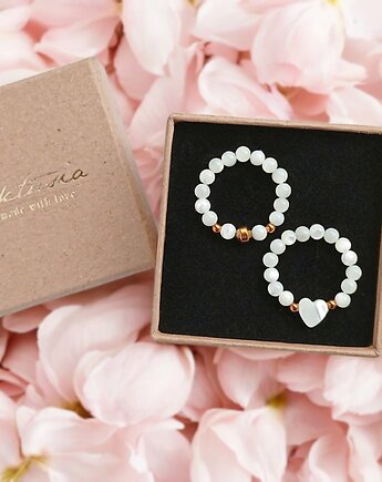 Dla MAMY : zestaw pierścionków : muszla biała z serduszkiem, kaktusia