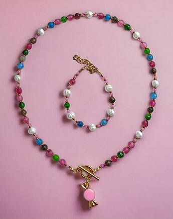 KOMPLET candy UNIKAT : jadeit multicolor : NASZYJNIK i bransoletka, kaktusia