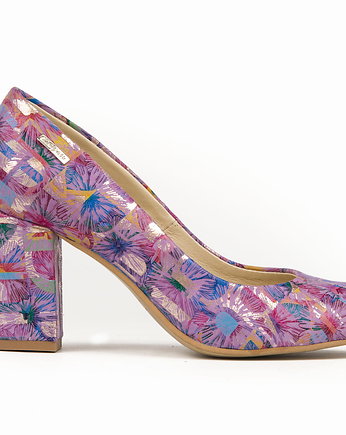 KWIATOWE CZÓŁENKA NA SŁUPKU-SKÓRA NATURALNA-MODEL 042-KOLOR FIOLETOWE KWIATY, Zapato
