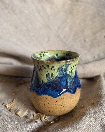 Czarka 130 ml Kawka cieknące szkliwo, beczułka w odcieniach niebieskiego, Fiona Ceramics
