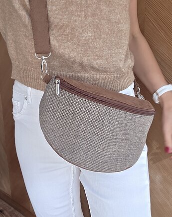 Beżowo brązowa nerka pleciony materiał boho na ramię pojemna, Made by Joan