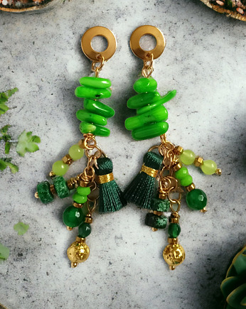 Zielone kolczyki Boho : długie i fikuśne, kaktusia