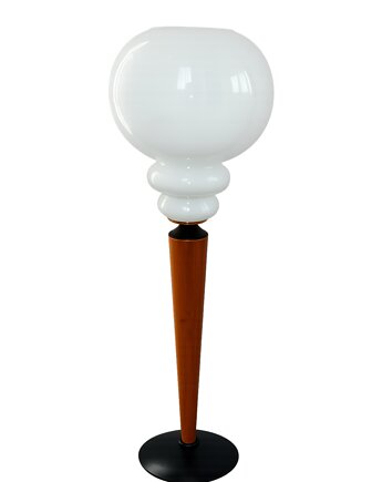 Lampa stołowa modern, lata 70., metal, drewno i szkło, E27, Relikt design