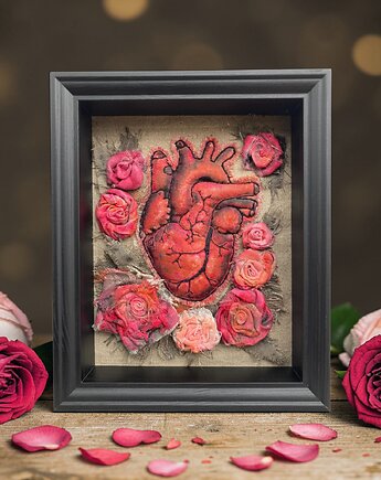 Obraz malowany i haftowany serce anatomiczne i róże 3D., PinPin Design