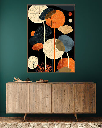 Liście lotusu - Plakat, druk - Chiński Orient, Harmonia Zen, Wabi Sabi #105, Black Sapphire Art