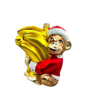 Bombka choinkowa: Małpka z bananami w świątecznym stroju, Syn Bombkarza