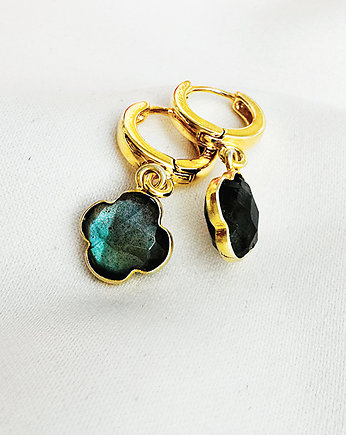 Szare kolczyki LABRADORYT koniczynka, srebro pozłacane, Anemon Atelier