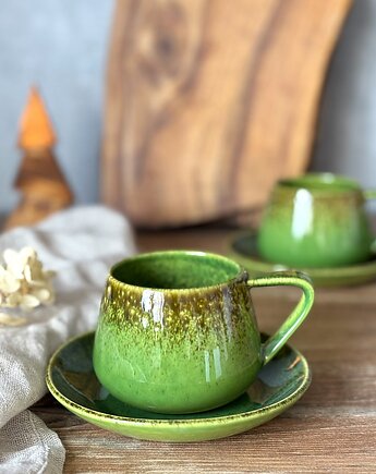 Filiżanka ze spodkiem beczułka zielona ręcznie robiona 250 ml - Natura, Ceramika Tyka