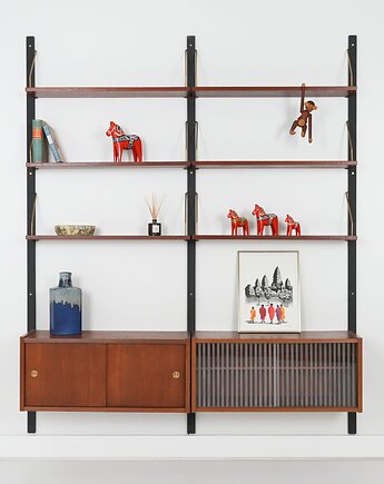 Regał systemowy tekowy, duński design, lata 60, produkcja: Dania, Przetwory design